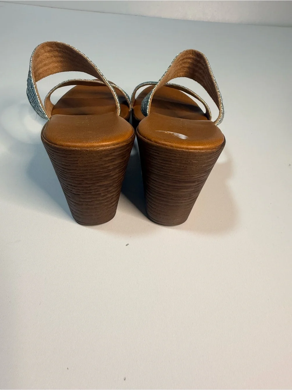 Italina Blue Striped Fabric Wedge Sandals